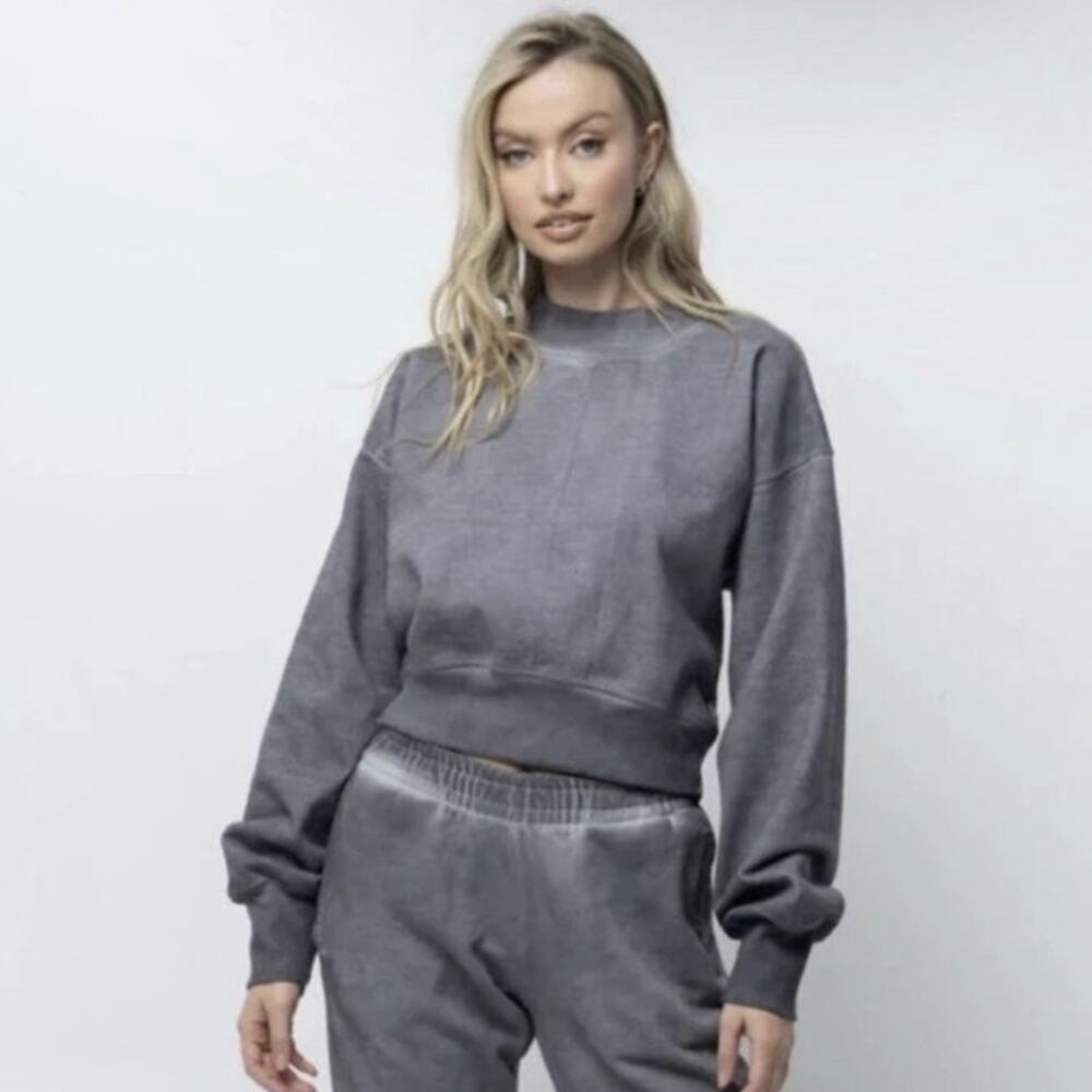 Talentless Mock Neck Acid Wash Crop Sweatshirt Faded Black Gray Relaxed Large